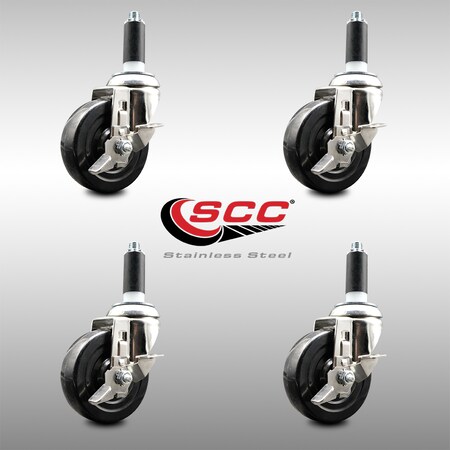 Service Caster 4 Inch 316SS Soft Rubber Swivel 1-1/8 Inch Expanding Stem Caster Set Brake SCC SCC-SS316EX20S414-SRS-TLB-118-4